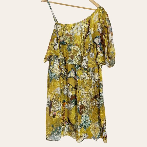 Hemant and Nandita Yellow Silk Metallic One Shoulder Mini Dress Size M - Picture 3 of 8